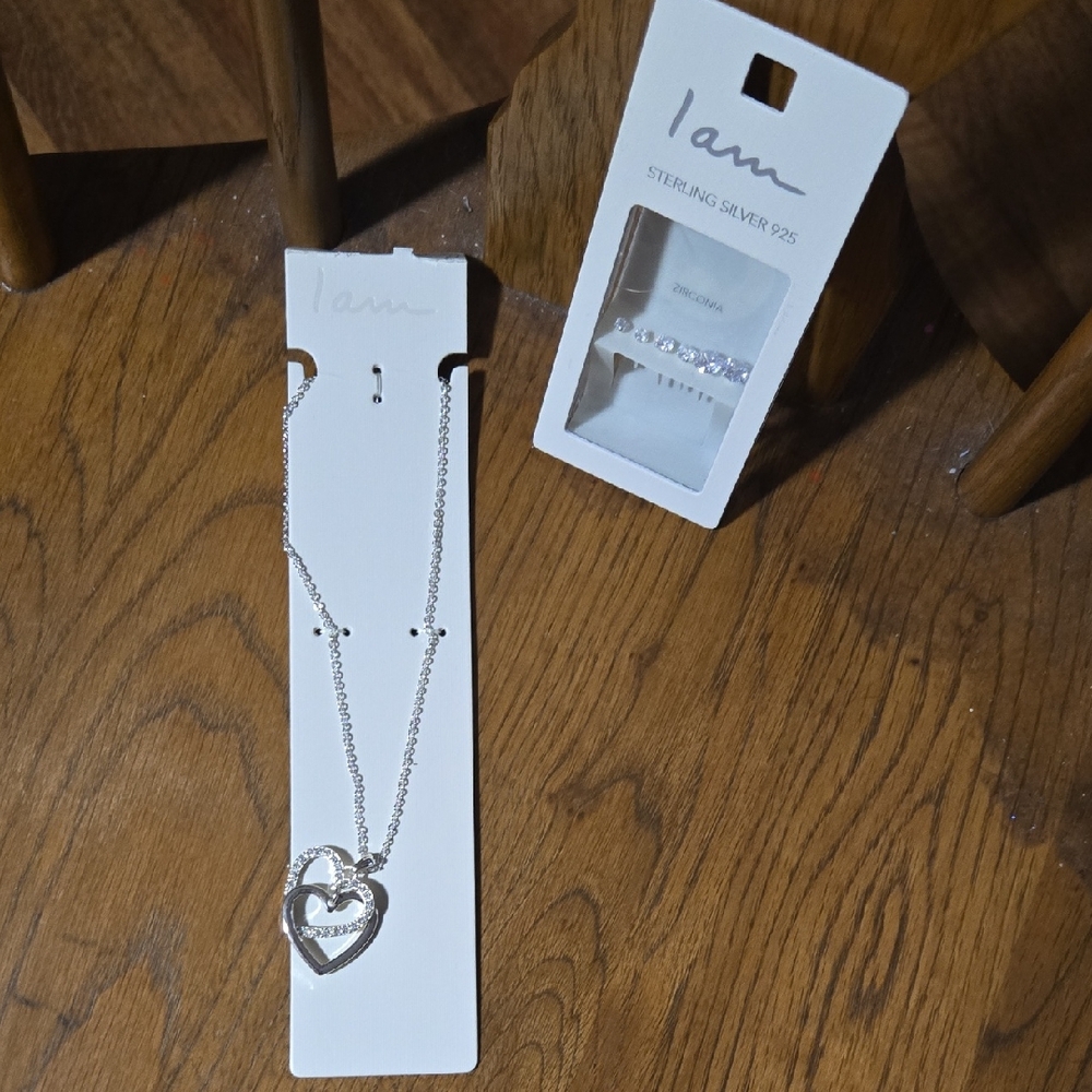 Sterling Silver Zirconia Studs And Heart Necklace
